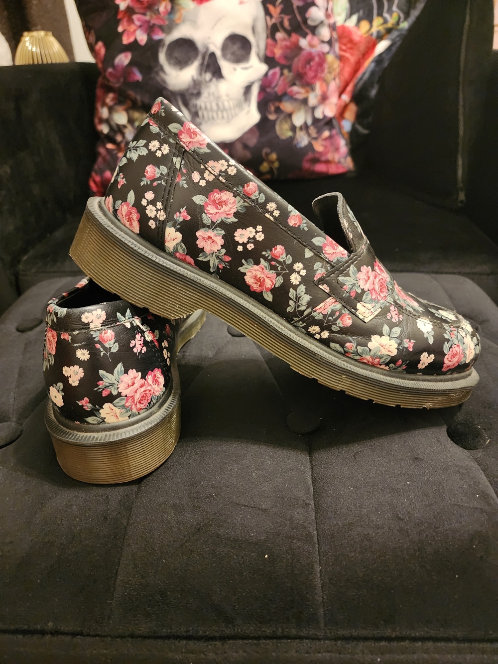 Dr. Martens Black Floral Loafers Brand New